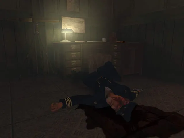 A dead ship's officer lying in a pool of blood by a lamp-lit desk