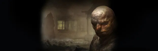 Dark Corners of the Earth key art: a bald, fish-like Innsmouth face in the foreground and a hooded figure by a lit house in the fog