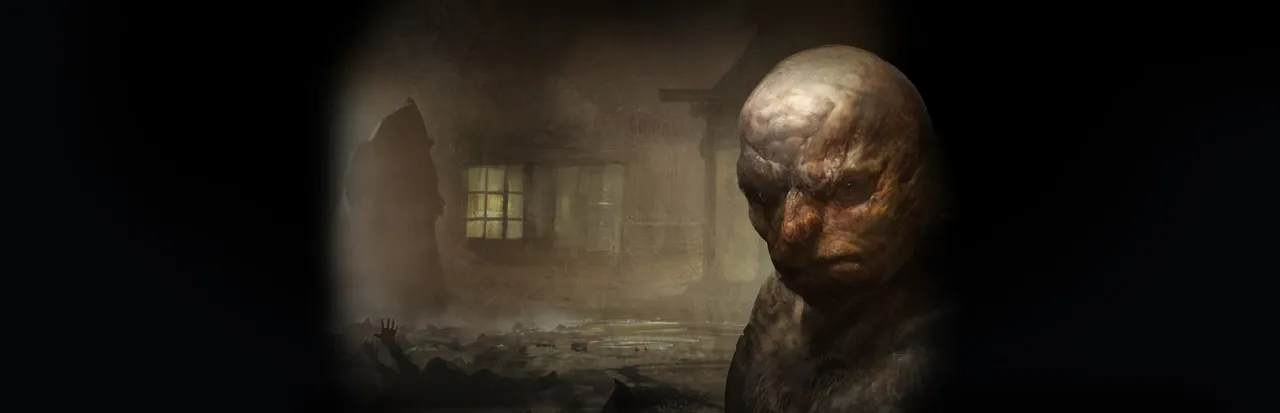 Dark Corners of the Earth key art: a bald, fish-like Innsmouth face in the foreground and a hooded figure by a lit house in the fog