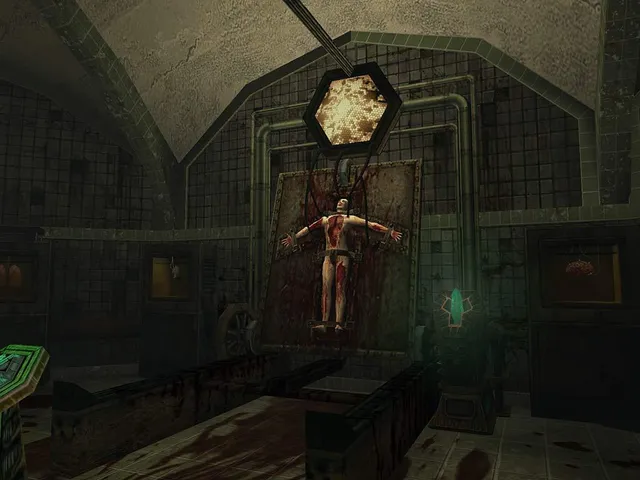 A bloodied body strapped to a frame under a hexagonal lamp in a tiled cult chamber