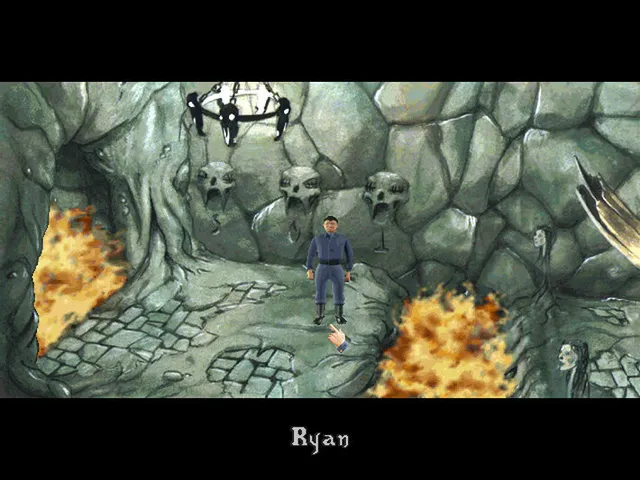 Prisoner of Ice screenshot: Ryan in naval uniform stands in a green stone cave with skulls on the walls and fire burning on either side