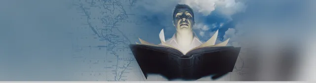 Prisoner of Ice key art: a terrified man lit from below by a glowing open book, over an old map of the Americas and a cloudy sky
