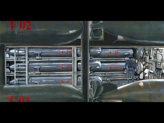 Prisoner of Ice screenshot: Ryan in the torpedo room of the submarine, between racks of torpedoes