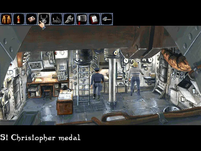 Prisoner of Ice screenshot: Ryan and a crewman in the cramped control room of the submarine, with the inventory icons above