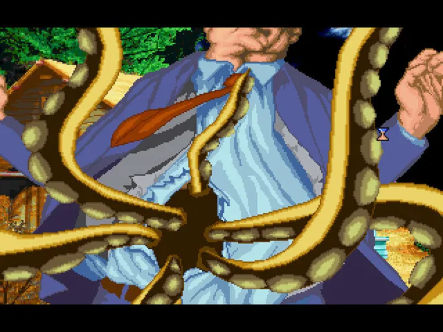 Shadow of the Comet screenshot: thick tentacles grip a man in a shirt and tie by the throat