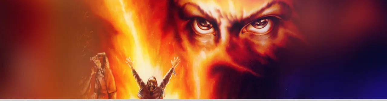 Shadow of the Comet key art: a huge pair of glaring eyes in a fiery sky above a hooded figure raising its arms and a man shielding his face
