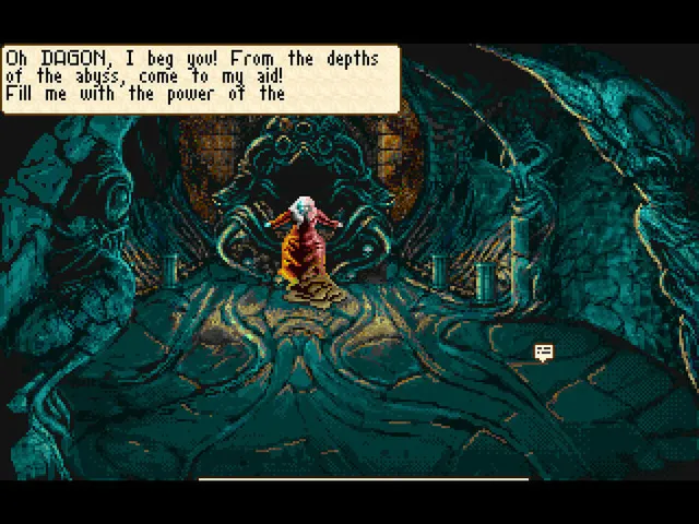 Shadow of the Comet screenshot: a robed figure stands in a green cavern of carved stone and calls on Dagon from the abyss
