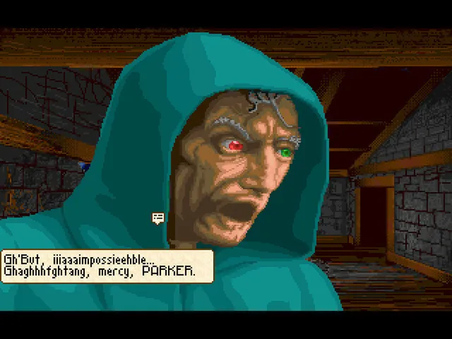 Shadow of the Comet screenshot: a close-up of a hooded man with a misshapen face and mismatched red and green eyes calling Parker's name