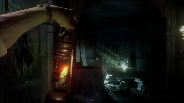 Call of Cthulhu screenshot: a hand raises an oil lantern in a dark, cluttered mansion hall