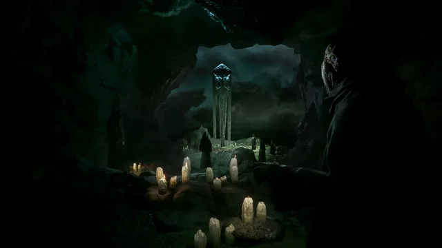 Call of Cthulhu screenshot: robed cultists and candles around a tall crystal in a dark cave, with a strange figure in the foreground