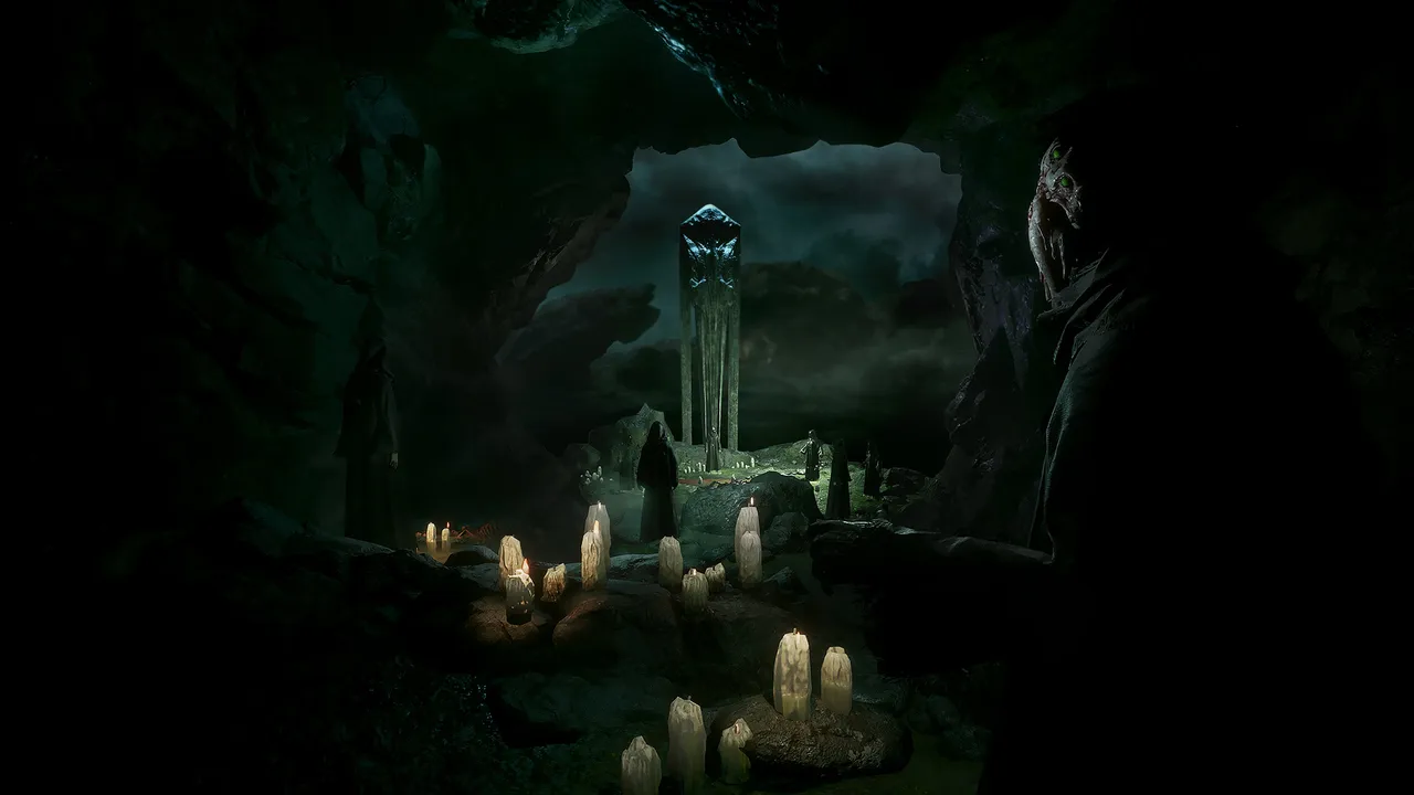 Call of Cthulhu screenshot: robed cultists and candles around a tall crystal in a dark cave, with a strange figure in the foreground