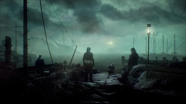 Call of Cthulhu screenshot: islanders stand on a gloomy harbour dock under a green sky
