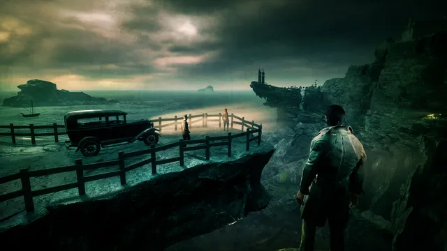 Call of Cthulhu screenshot: Pierce looks out from a cliff road with an old car toward the sea