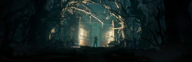Call of Cthulhu key art: a lone man stands before lit iron gates under twisted trees at night