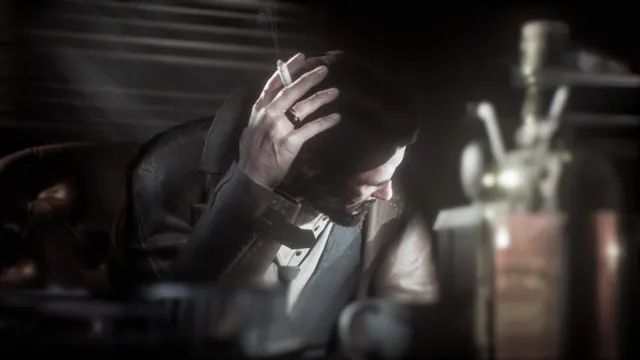 Call of Cthulhu screenshot: detective Edward Pierce holds his head with a cigarette in hand