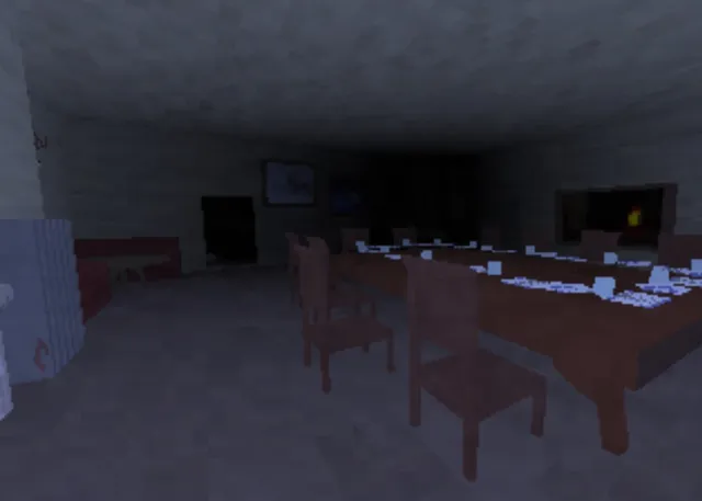 Calm Time screenshot: a dim dining room with a long table set with plates and cups, chairs pulled out and a fire in the hearth