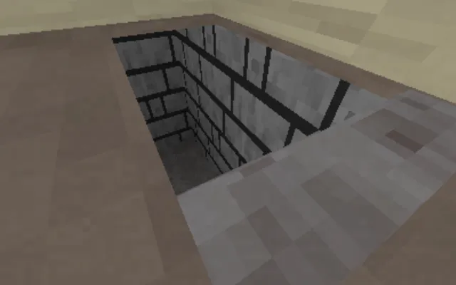 Calm Time screenshot: looking down a dark stairwell through a hole in a pixelated floor