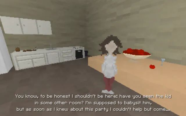Calm Time screenshot: a blocky woman stands in a pixelated kitchen beside a bowl of red fruit, saying she is supposed to babysit the kid but came to the party