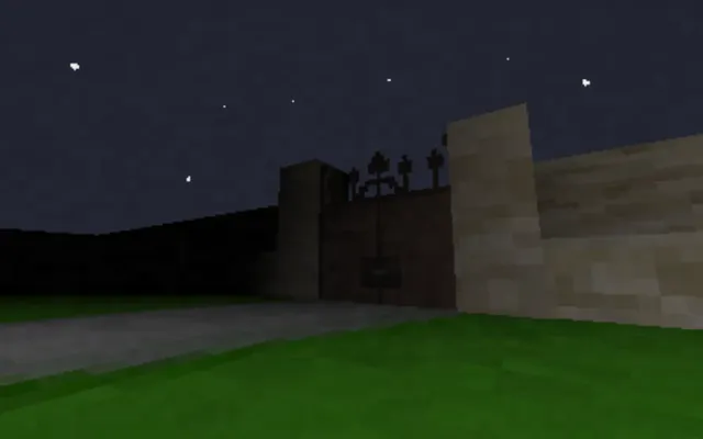 Calm Time screenshot: an iron gate in a stone wall at night, with green grass and a path in front