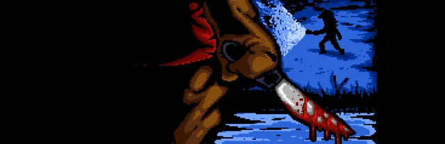 Camp Sunshine key art in pixels: the bear mascot killer's paw grips a bloody knife beside a lake under a blue night sky