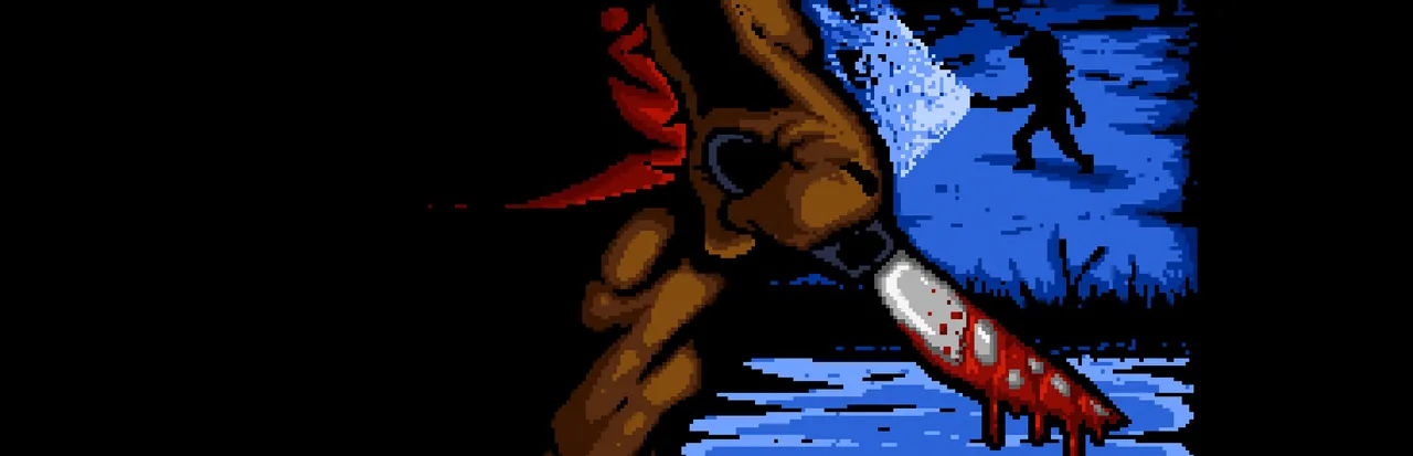 Camp Sunshine key art in pixels: the bear mascot killer's paw grips a bloody knife beside a lake under a blue night sky