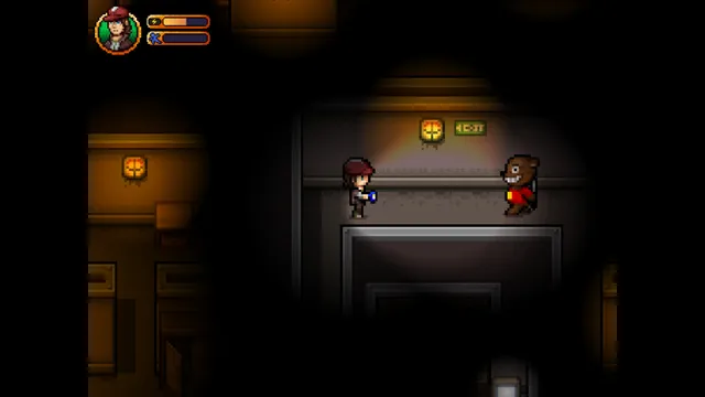 Jez with a torch faces the grinning bear mascot killer at the end of a lamplit corridor