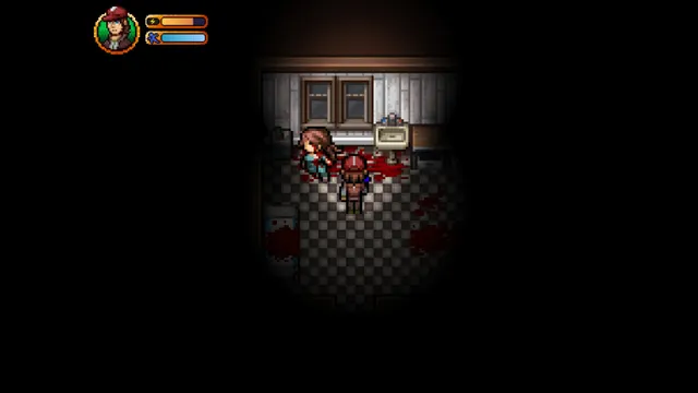 Jez stands in a dark kitchen by a body lying in a pool of blood