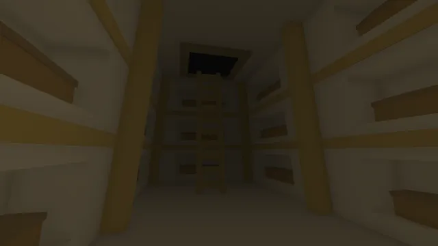 Can A Cute Ghost Story Be Spooky? screenshot: a dim room of empty shelves with a ladder up to a dark hatch