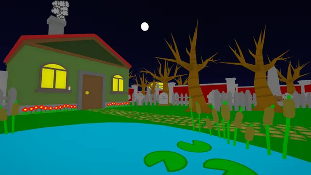 Can A Cute Ghost Story Be Spooky? screenshot: a bright cartoon house by a pond in a cemetery under a full moon