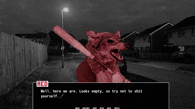 CANIDAE: Red, a teenager in a snarling red animal mask with a bat on his shoulder, stands on an empty street lit by a streetlight