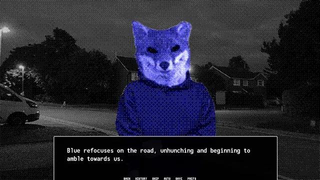 CANIDAE: Blue, a figure in a blue fox mask and jumper, stands in a dark residential road beside a parked van