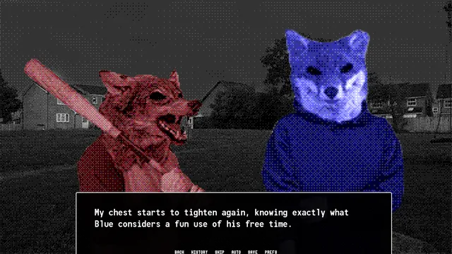 CANIDAE: Red in a snarling fox mask with a baseball bat and Blue in a blue animal mask stand in a dark street of houses at night