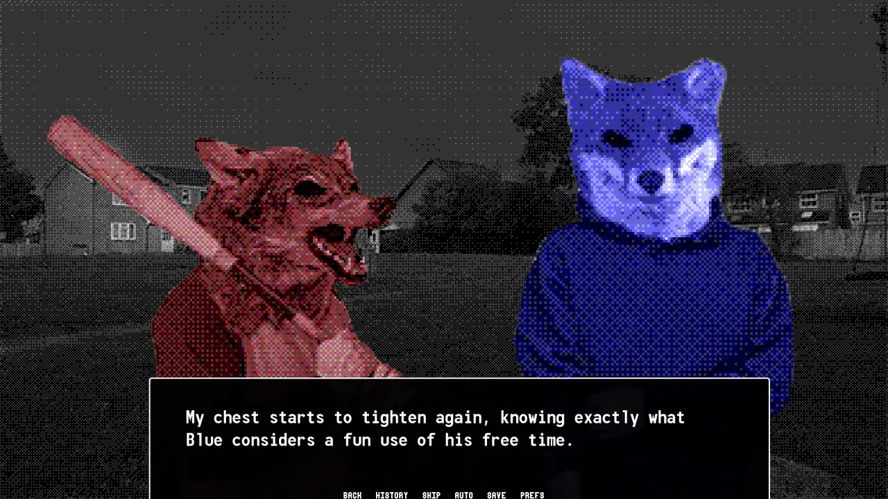 CANIDAE: Red in a snarling fox mask with a baseball bat and Blue in a blue animal mask stand in a dark street of houses at night