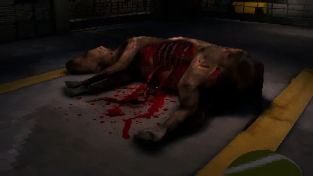 A dog's carcass torn open in a pool of blood on a concrete floor