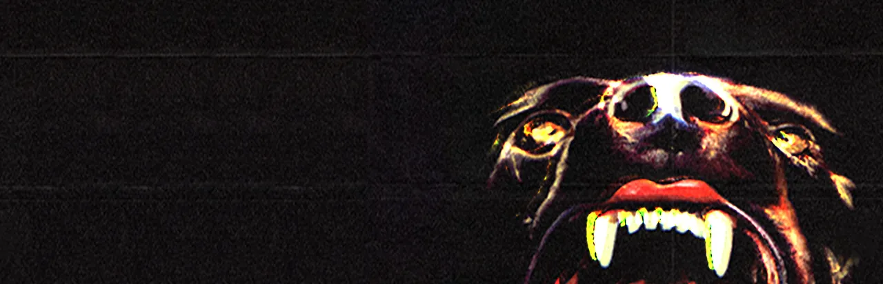 CANINE art: a snarling dog's face with bared fangs and glowing eyes against black