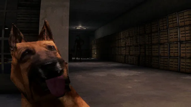 A German Shepherd in the foreground while a dark figure stands at the end of a warehouse aisle of crates