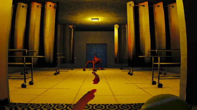 A yellow-lit hall with gurneys and a blood trail leading to a red figure crouched by a door