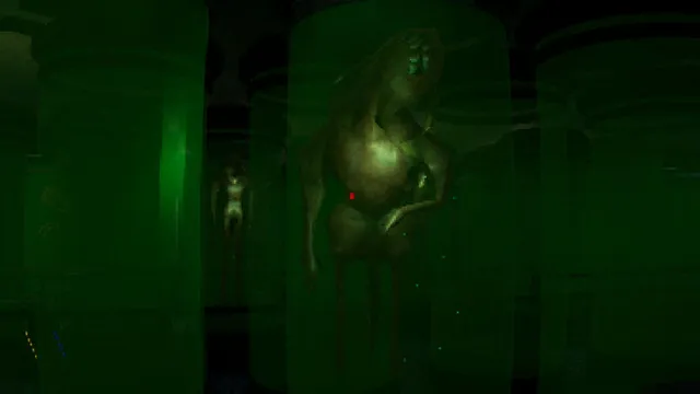 Mutated creatures floating in green-lit specimen tanks