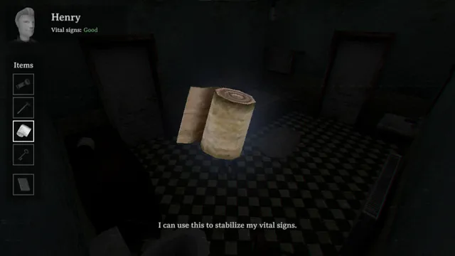 Inventory screen showing Henry's vital signs and a roll of bandage he can use to stabilize them