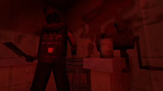 A killer with a cleaver beside a meat grinder in a red-lit room