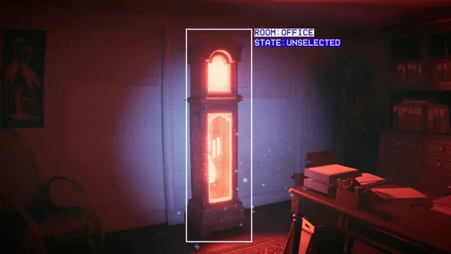 CAPTURED 2 camera view framing a glowing grandfather clock in a dim office as an anomaly to capture