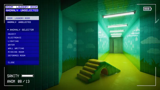 The anomaly selector menu over a green tiled corridor, with a sanity bar and an anomaly counter of 8 of 13