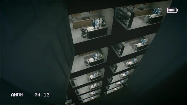 A door opens onto a deep shaft of stacked kitchen rooms, a deformed room anomaly