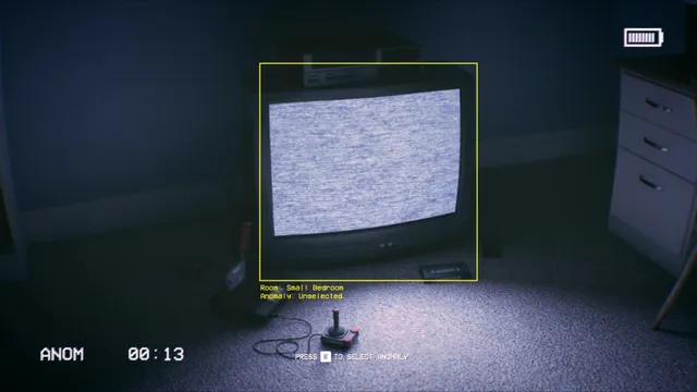 The camcorder frames an old TV showing static in a dark bedroom, ready to mark it as an anomaly