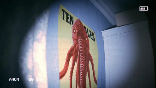 Dozens of staring cartoon eyes float around a dark hallway on the camcorder screen