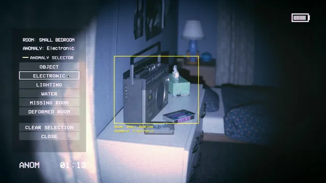 The anomaly selector open over a radio on a bedside table, with types from object to deformed room