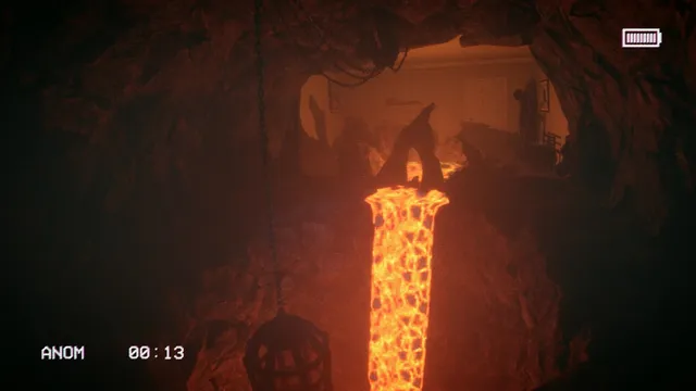 A doorway opens onto a cave with a glowing lava pillar where a room should be
