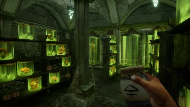 A laboratory lined with glowing green jars of specimens, a hand holding a marked urn