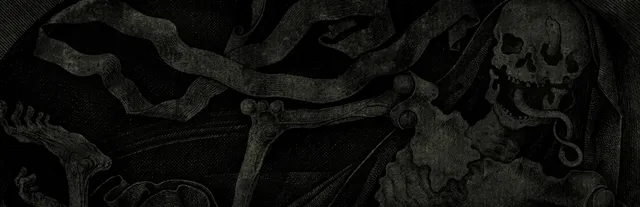 Caput Mortum art: an engraving-style skeleton among dark scrolls and bones