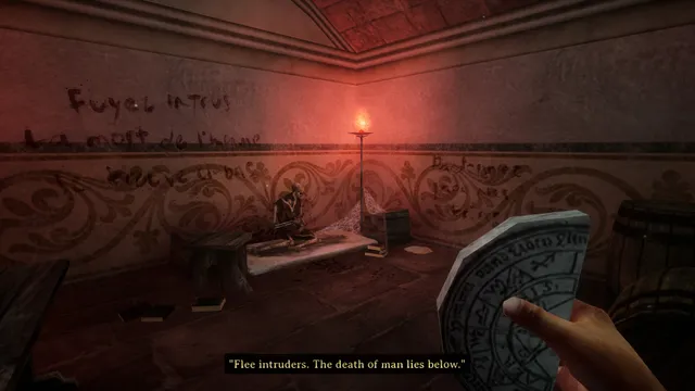 A candlelit room with writing on the wall and the subtitle Flee intruders. The death of man lies below